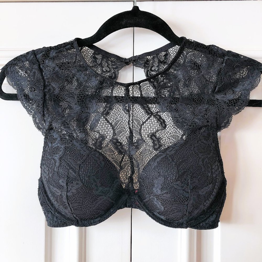 La Senza Obsession Push-Up High-Neck Lace Bra Top - Size 32C - Smoulder Black